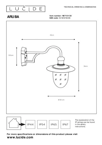 Lucide ARUBA - Wandleuchte Innen/Außen - 1xE27 - IP44 - Schwarz - TECHNISCH